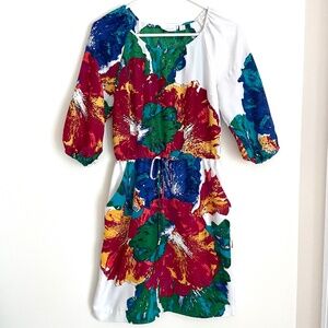 New York & Company Women's Multicolor Dress Tie Waistline Puff Sleeve Size Small